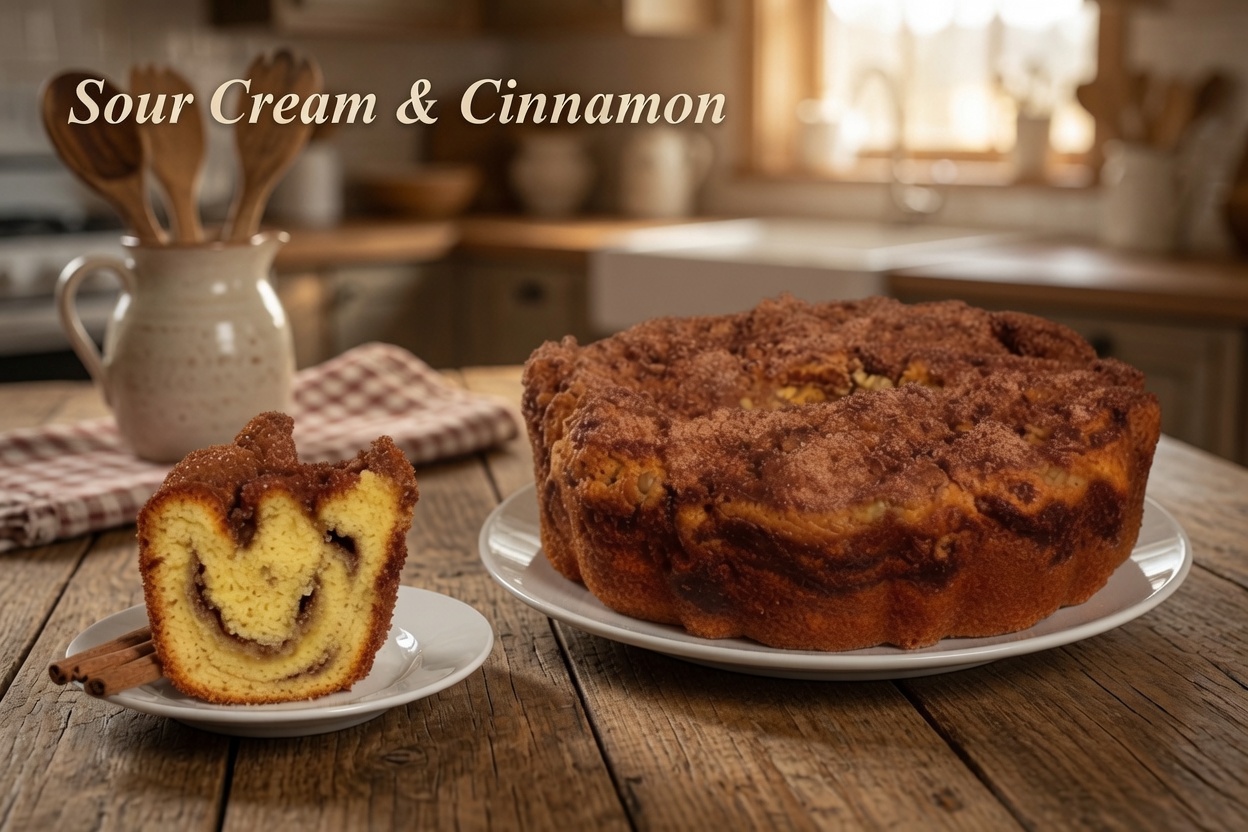 Traditional Sour Cream and Cinnamon Cake on a country table